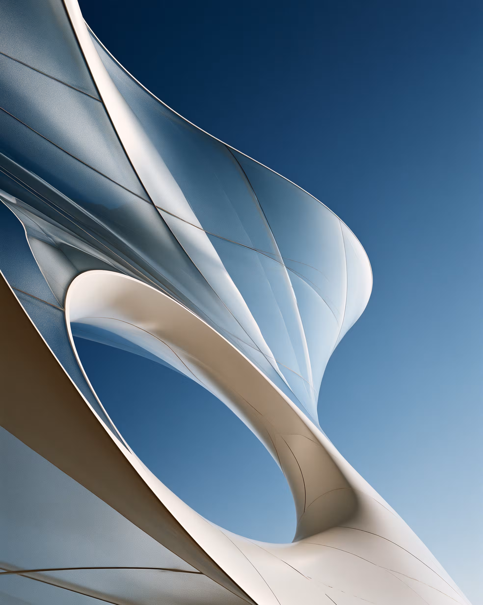 Modern white architecture set against a deep blue sky